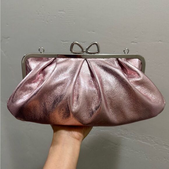 Pearlescent Pink Lambskin Handmade “Bow” Shaped Kisslock Slouchy Bag, Multi Use - Picture 8 of 16